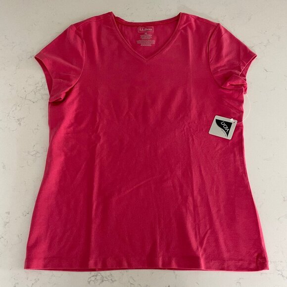 L.L.Bean Casual SS V Neck Pima Cotton Blend T Shirt Top Rose Pink Sz M NWT - Picture 1 of 8